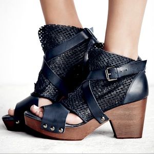 Free People Leather Rendering Crochet Wooden Clogs Platform Heels